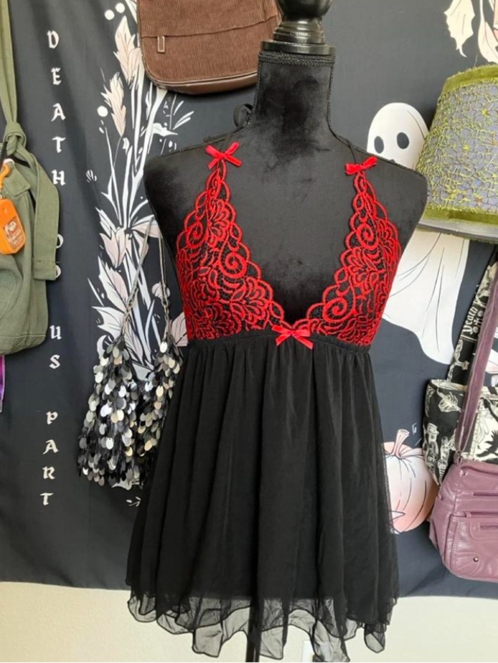 Lace-Trim Red & Black Babydoll Dress - Picture 1 of 5